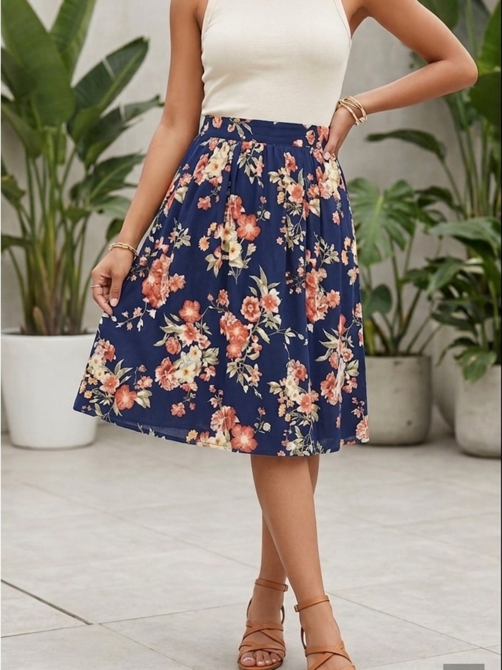 FOREVER 21 NAVY BLUE FLORAL MIDI SKIRT SMALL